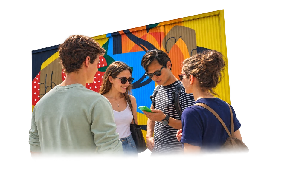 A team gathered in front of a mural on Granville Island, reading a clue on a phone