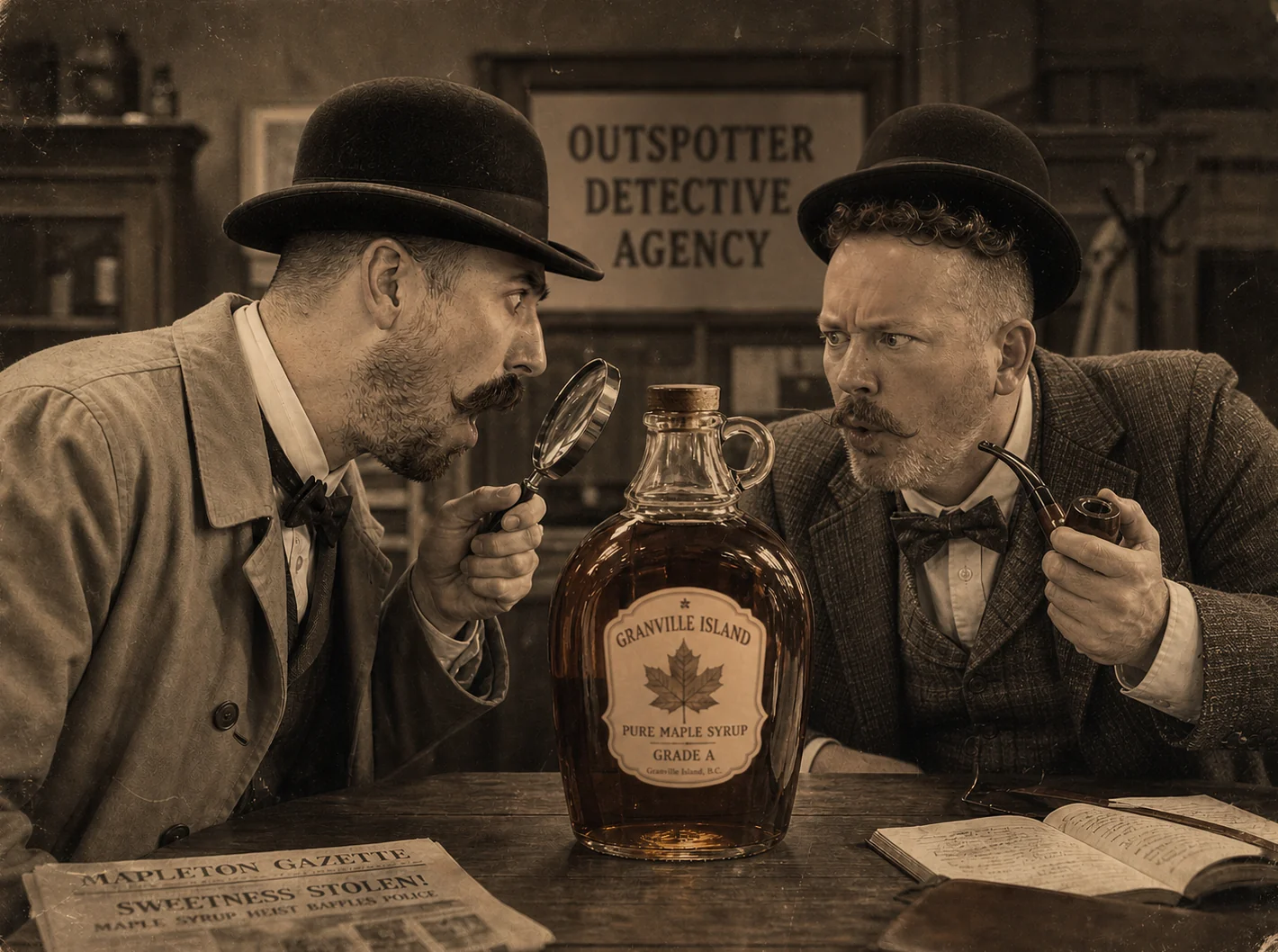 Two baffled detectives at the Outspotter Detective Agency examine a bottle of Granville Island maple syrup.